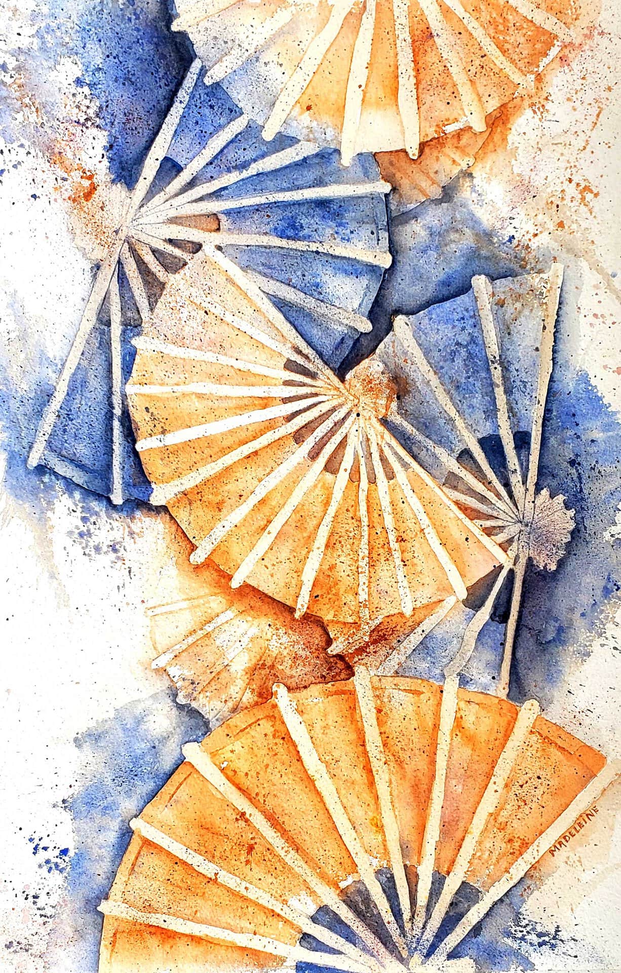 A watercolor painting of a fan with blue and orange colors by a Santa Barbara photographer.