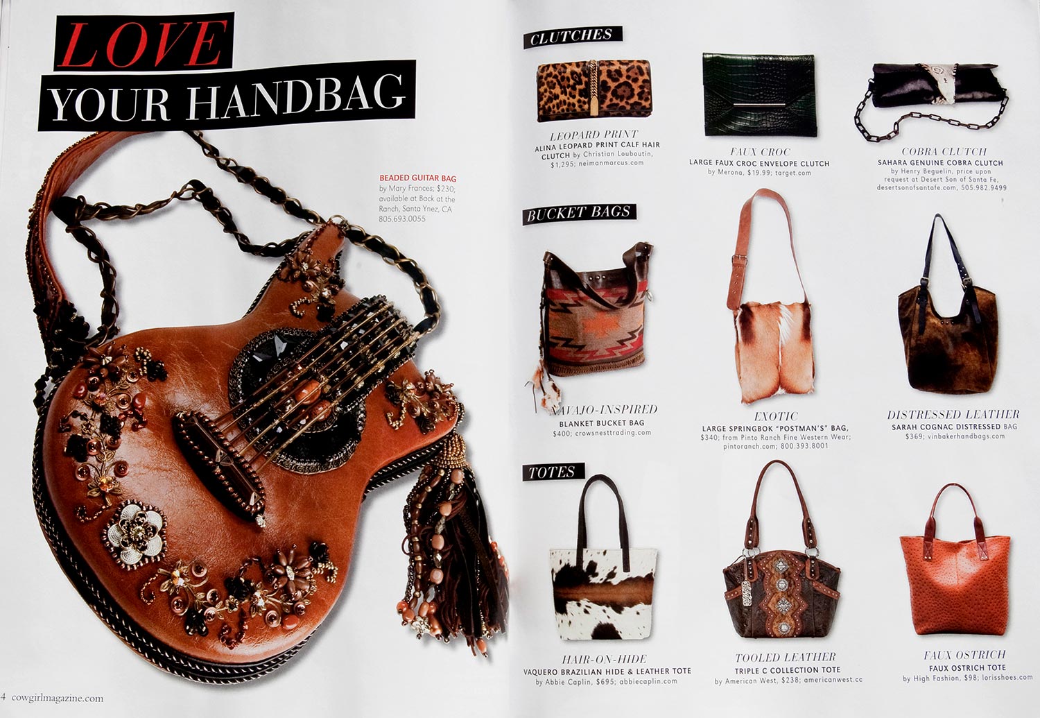 A magazine spread with a variety of handbags and accessories.