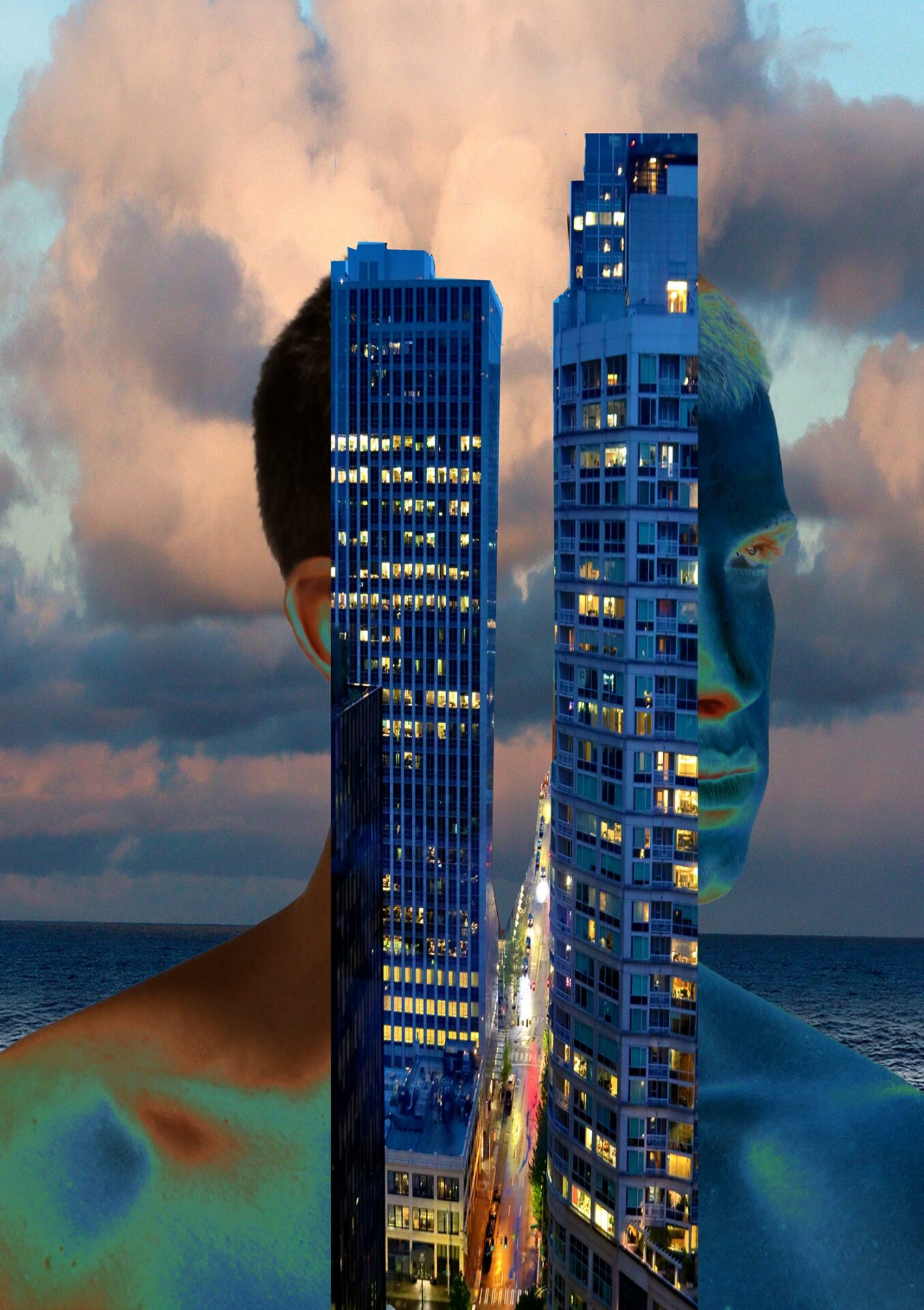 A photo of a man in front of a skyscraper.