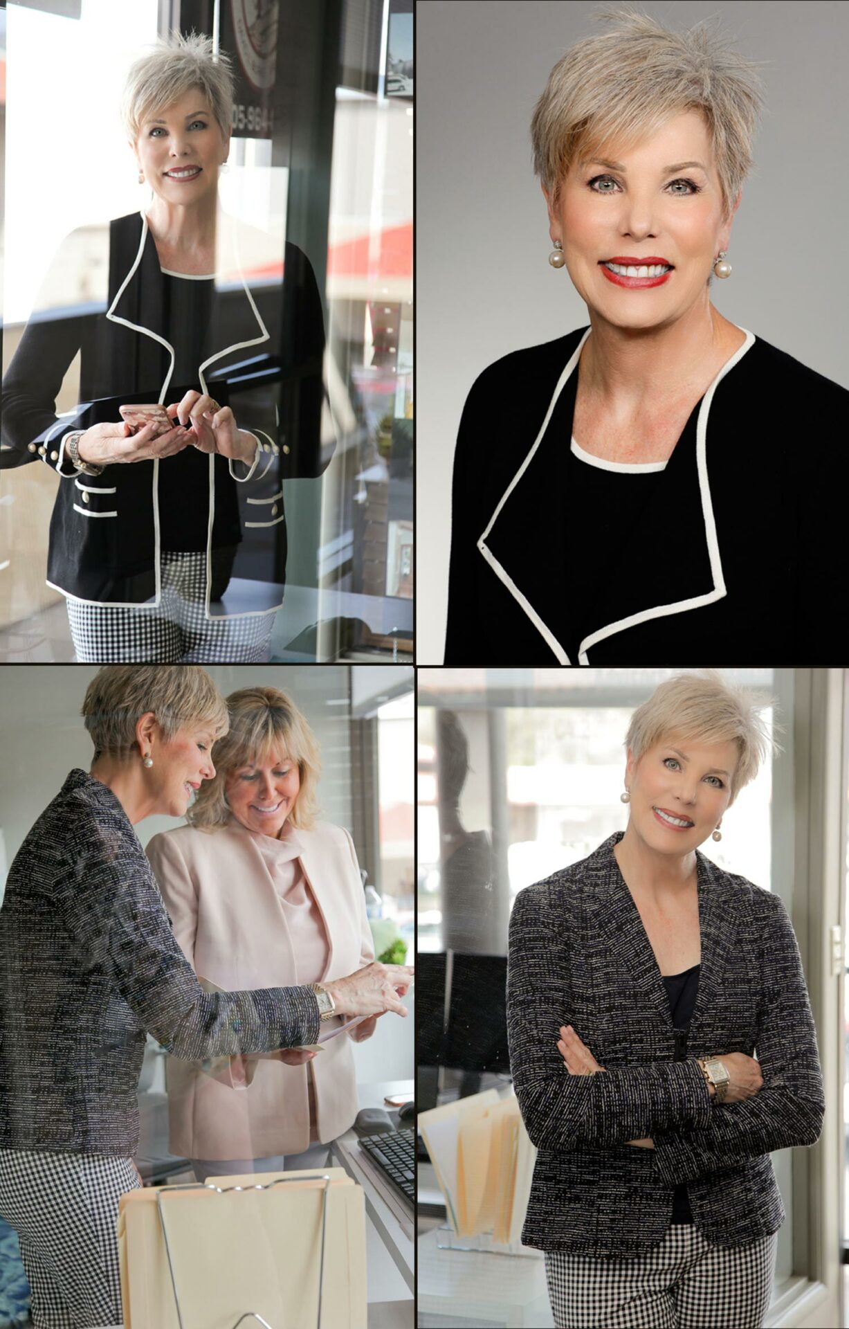 A collage of pictures of a woman in a business suit.