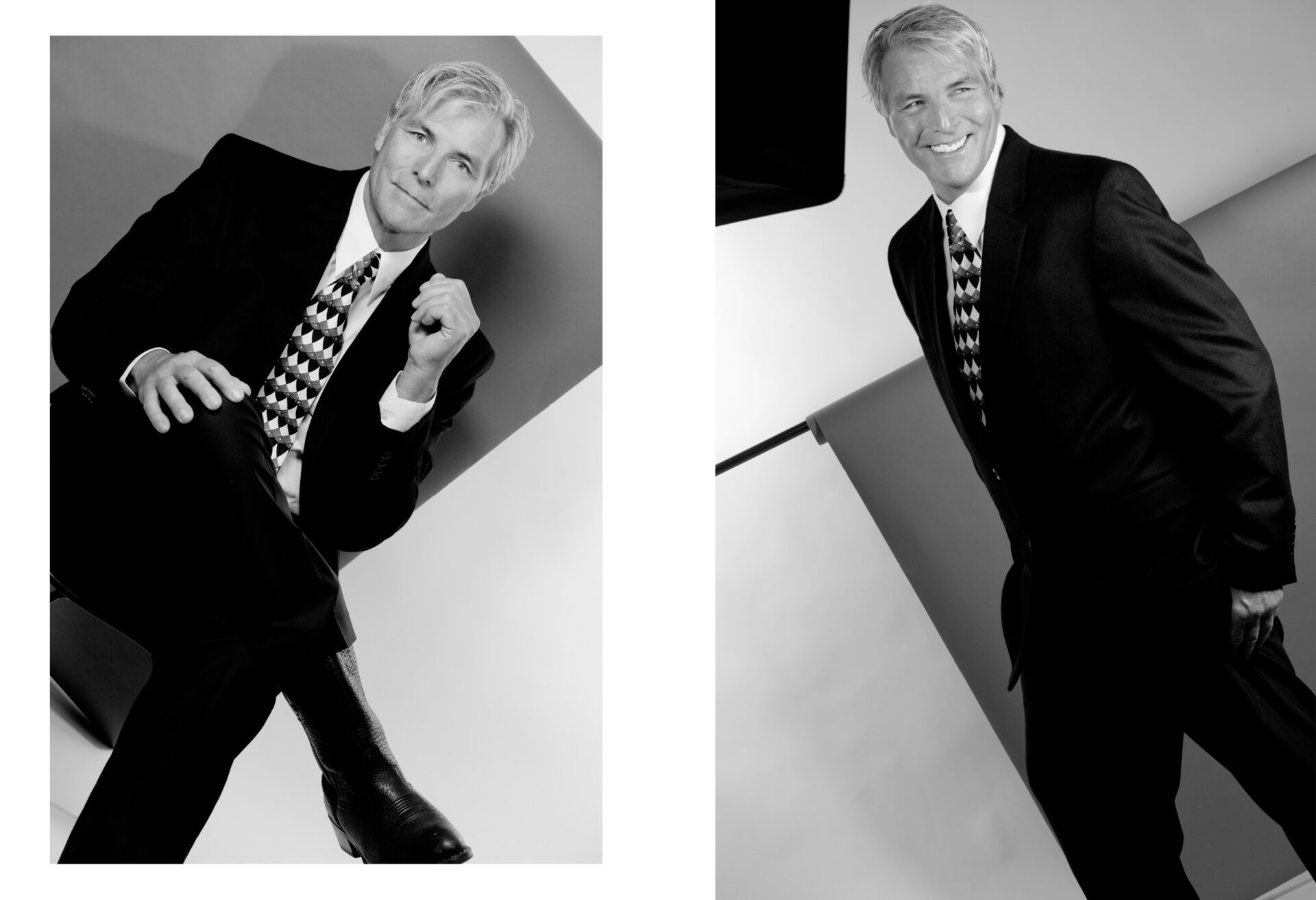 Two black and white photos of a man in a suit.